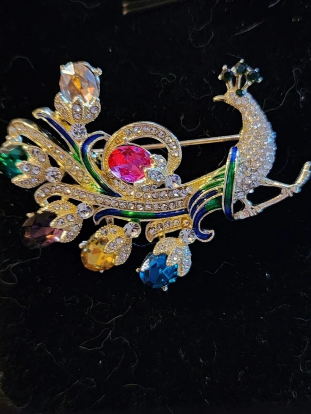 Peacock Gold-Tone Multicolor Brooch
